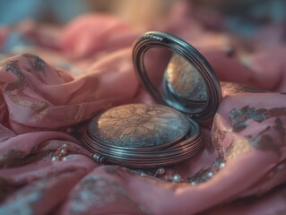 Ornate compact mirror on a delicate pink fabric.