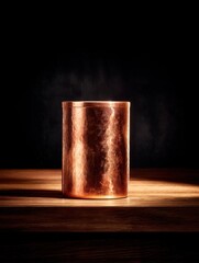 Copper tumbler on a wooden surface.