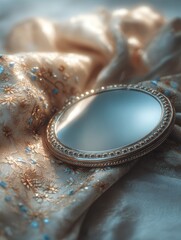 Ornate compact mirror resting on a delicate fabric.