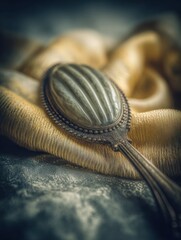 Ornate antique compact resting on textured fabric.
