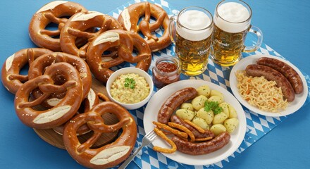 Traditional German food spread.  A selection of pretzels, sausages, boiled potatoes, sauerkraut, mustard, and beer