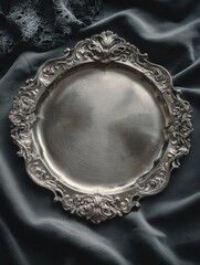 Ornate silver platter resting on dark fabric.