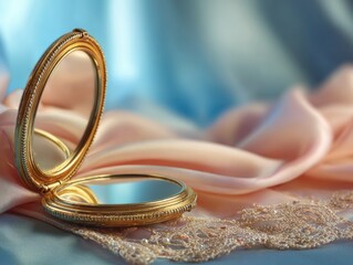 Gold compact mirror resting on a blush-colored silk fabric.