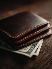 Close-up of a brown leather wallet with money.