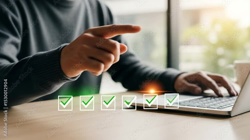 Aufkleber Man pointing at laptop with check marks overlayed on the screen in a bright office setting indoors