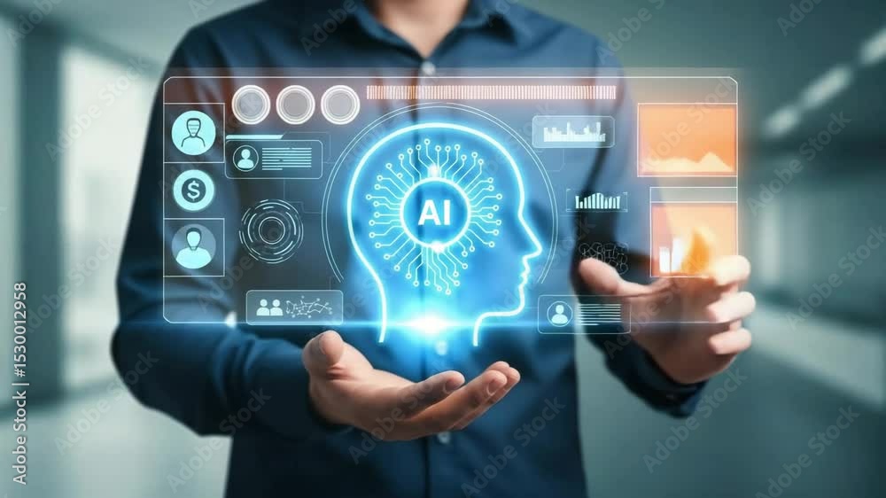 Poster man in blue shirt holding a glowing ai head with data panels in his hands in a modern setting