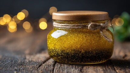 Glass jar with gold and dark green glitter.