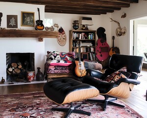 Eclectic living room with a unique blend of modern furniture, retro accessories, vibrant patterns, and a cozy, lived-in feel