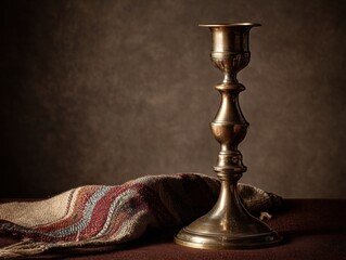 Ornate brass candlestick on a patterned cloth.