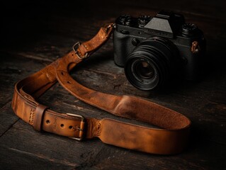 Brown leather camera strap resting on a dark wooden surface.