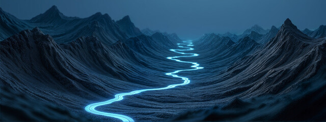 Glowing paths wind through dark, wavy mountains in a moody, hyperreal landscape of deep blues and blacks