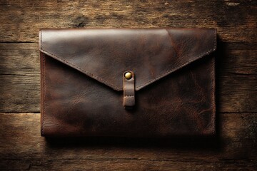 Brown leather envelope-style pouch on a wooden surface.