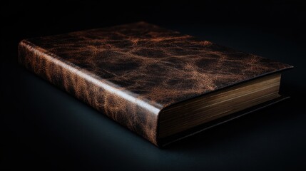 Close-up of a dark brown leather-bound book.