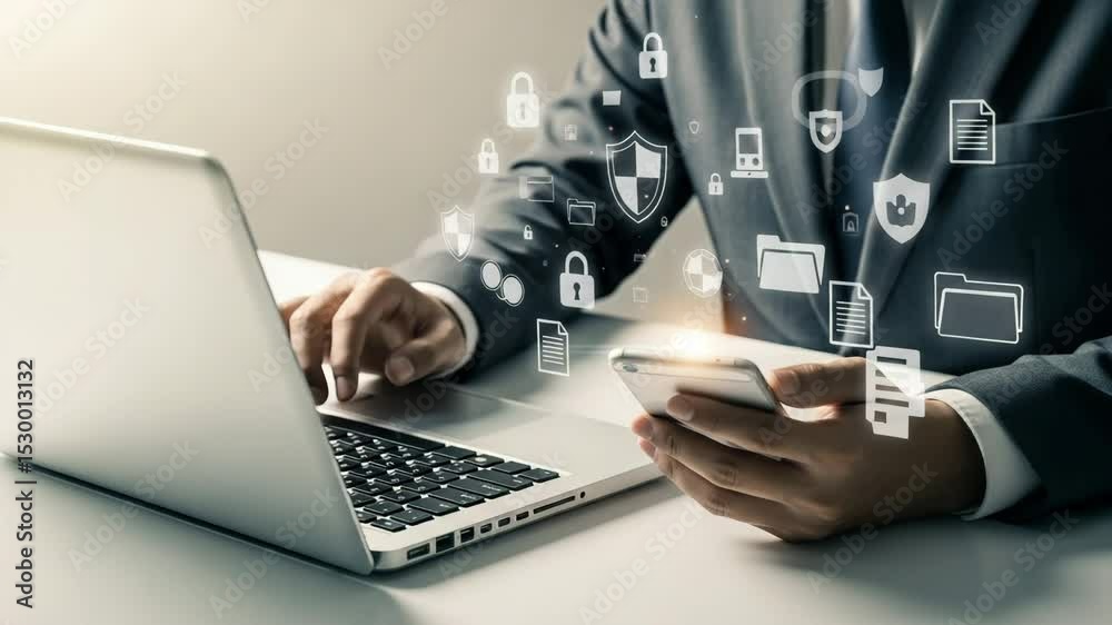 Poster Man in suit using laptop and smartphone with security and data protection icons overlaid on the image