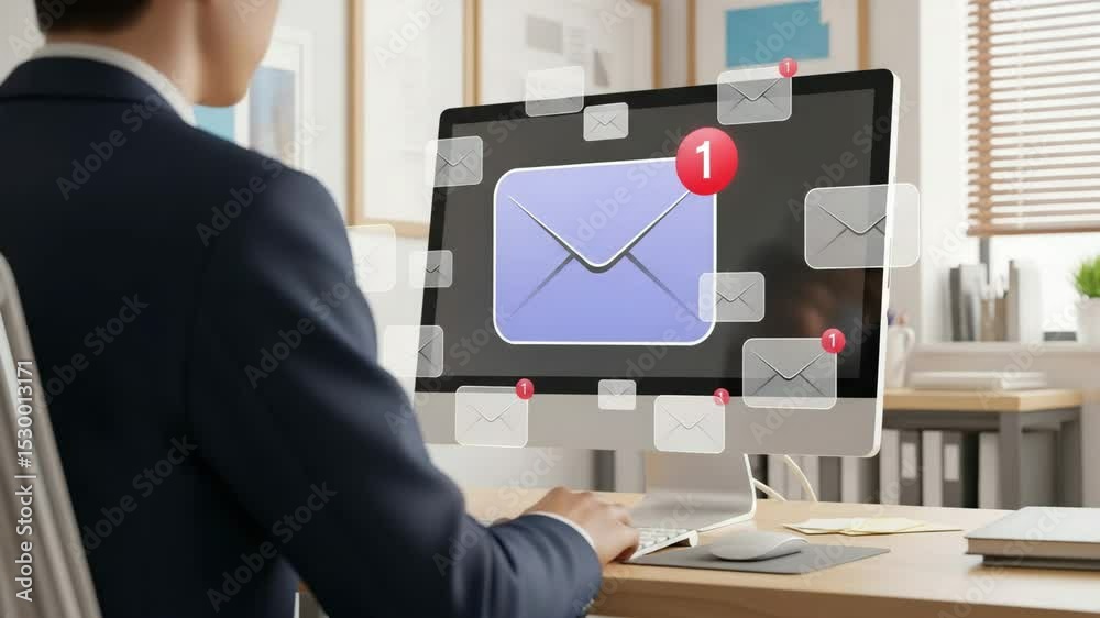 Poster Man in suit at desk with computer showing email notifications and new message alert on screen