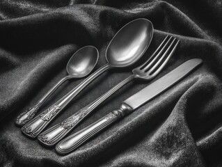 Antique silverware set on dark fabric.
