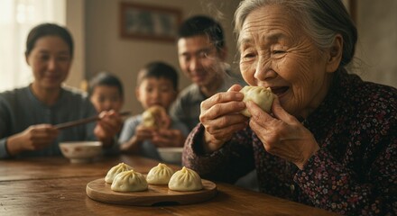 Close-up of an elderly woman eating steamed dumplings at a traditional Chinese family table, warm lighting, wooden decor, focus on textures and expression, cozy and emotional atmosphere