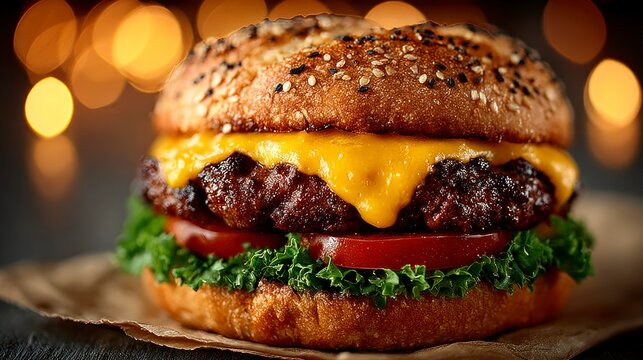 Cheeseburger closeup juicy patty melted cheese sesame bun fast food restaurant menu foo