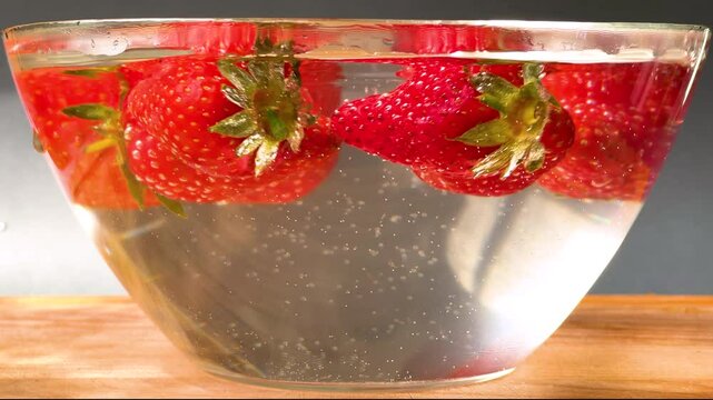 Side close-up view of fresh strawberries falling into a glass bowl filled with water. The fruit enters the water in slow motion, captured clearly underwater with bubbles and soft ripples - Powered by Adobe