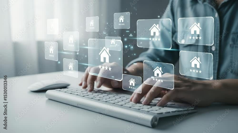 Poster Person typing on keyboard with house icons and star ratings floating above the keyboard area
