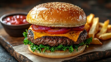 Cheeseburger with fries and ketchup delicious fast food meal
