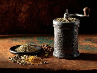 Vintage stone spice grinder with various dried herbs and spices.