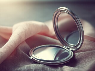 Compact mirror resting on a light peach colored fabric.