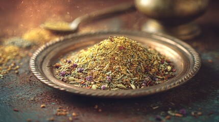 A blend of colorful spices in a vintage dish.