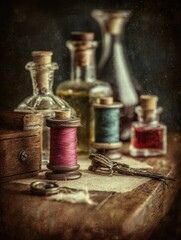 Vintage sewing supplies on a weathered wooden surface.