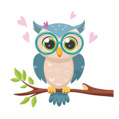 Fototapeta premium Illustration of a cute owl wearing glasses perched on a branch with hearts around