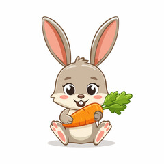 Fototapeta premium Cartoon bunny sitting and holding a carrot with green leaves illustration