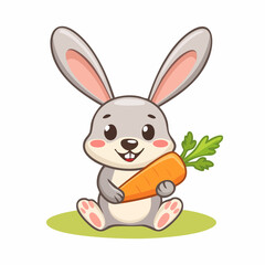 Illustration of a cute cartoon bunny holding a carrot sitting on green grass