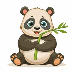 Illustration of a cute panda bear sitting and holding a bamboo stalk with leaves