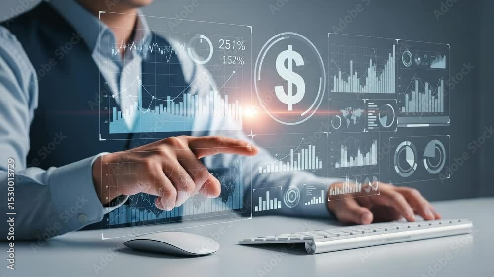 Leinwandbilder man interacting with digital financial interface using keyboard and mouse on a white desk top
