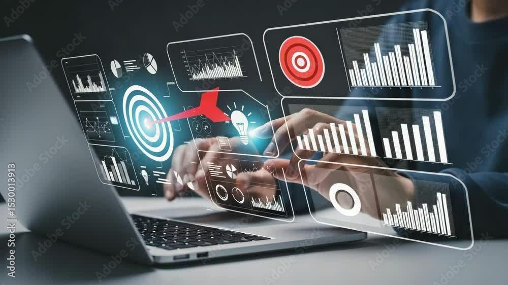 Aufkleber Person interacting with digital interface on laptop showing graphs and target with arrow hit 99 chars