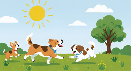 Three dogs running and playing together in a sunny park with a tree and clouds in the background