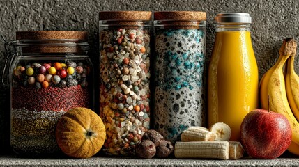 Colorful Food Ingredients and Drinks in Glass Jars and Bottles