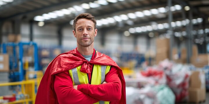Warehouse Superhero: Confident man in safety vest & cape. Symbolizing dedication & going the extra mile in the workplace. Empowerment, teamwork, and positive vibes.