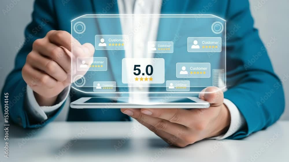 Poster Man in suit interacting with digital interface showing customer reviews on a tablet device screen