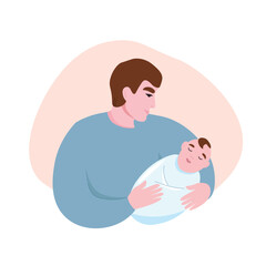Father holds baby in his arms. Man with newborn. Vector flat graphics.