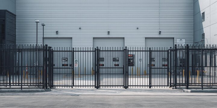 Industrial security: a sturdy metal gate guards a facility with roll-up doors and corrugated metal siding, ensuring protection and control in a commercial zone.