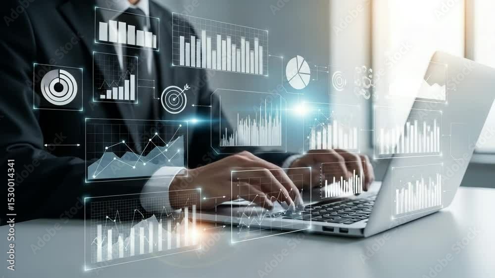 Aufkleber person typing on laptop with data charts and graphs overlayed in a business setting office space