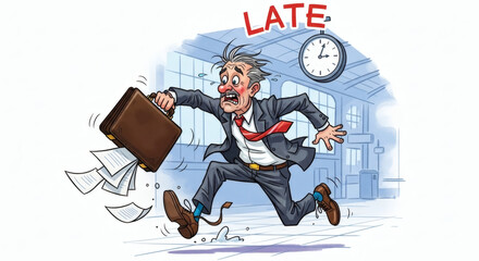Cartoon man running late for work with briefcase and papers falling out near a clock on the wall