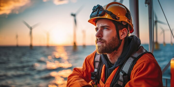Worker at offshore wind farm at sunset. Renewable energy professional in safety gear overlooking wind turbines on the ocean for sustainable power generation.