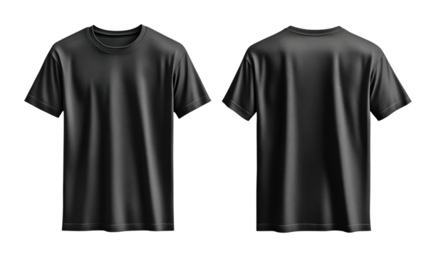 Stylish black t-shirt showcase studio product minimalist front and back isolated on transparent background