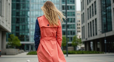 Woman in coral trench coat walking city street
