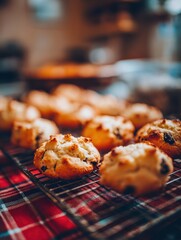 Freshly baked scones cooling on a wire rack.