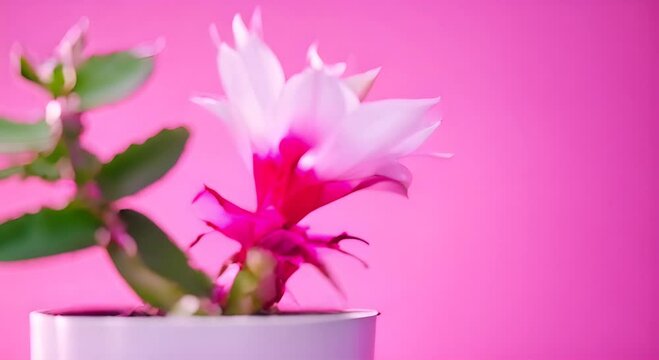 Macro time lapse blooming white Schlumberger and red Schlumbergera truncata flower (Christmas cactus or Thanksgiving cactus) 24 hours timelapse 4K