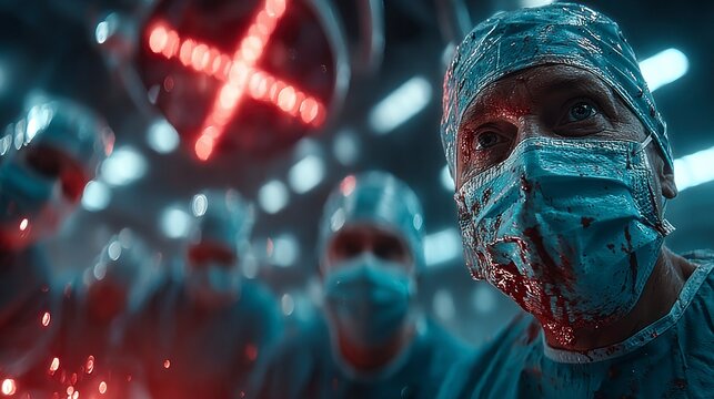 Closeup of a surgeon during a medical operation blood splattered on face mask dramatic light