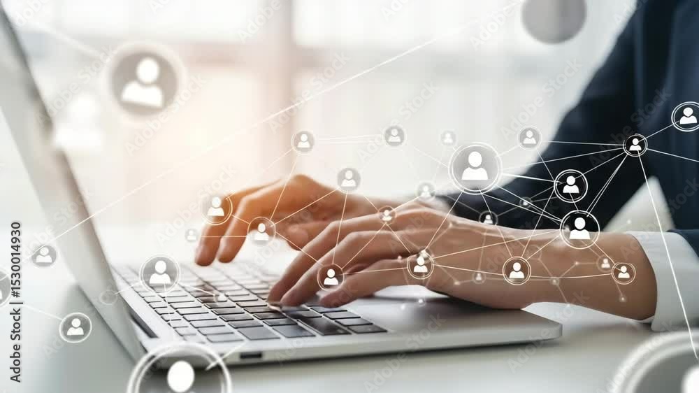 Poster person typing on a laptop with social network connections overlayed on the hands and keyboard view